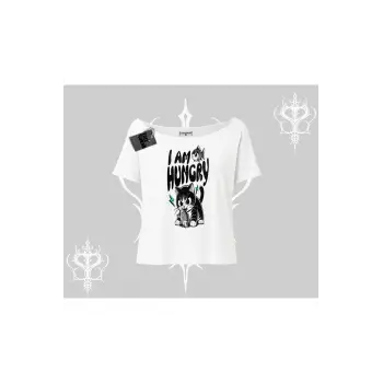Am Hungry Kedi Baskılı Kayık Yaka Tshirt