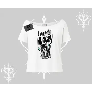 Am Hungry Kedi Baskılı Kayık Yaka Tshirt