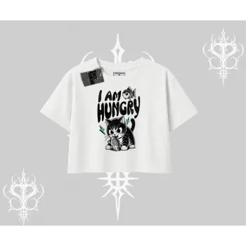 Am Hungry Kedi Baskılı Oversize Crop Tshirt