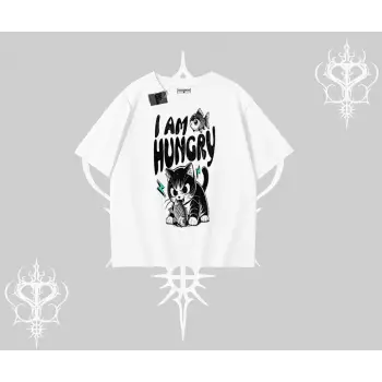 Am Hungry Kedi Baskılı Oversize Tshirt