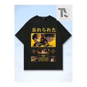 Anime Erkek Figürü ve Japon Harf Grafikli Tişört