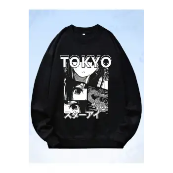 Anime Guys Letter Figure Graphic Sweatshirt Siyah