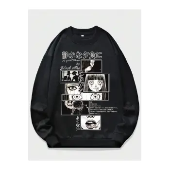 Anime Guys Slogan & Figure Graphic Sweatshirt Siyah