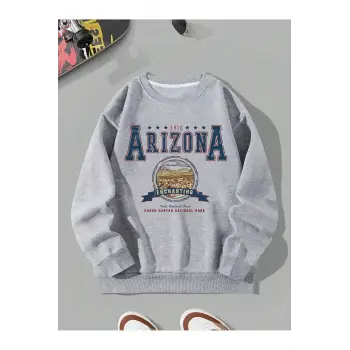 Arizona Baskılı Üç İplik Unisex Oversize Sweatshirt Gri