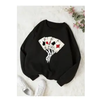 AS Renkli Oversize Bisiklet Yaka Pamuklu Sweatshirt Siyah