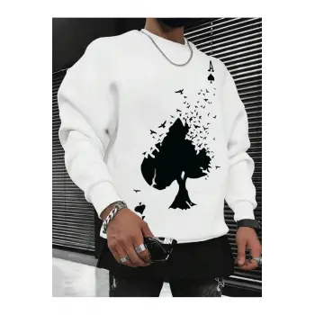 ASS Renkli Oversize Bisiklet Yaka Pamuklu Sweatshirt Beyaz