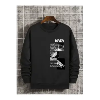 Astronaut And Letter Graphic Lined Sweatshirt Siyah
