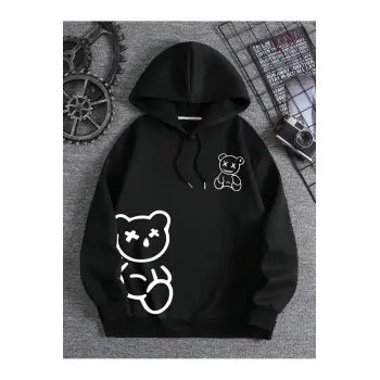 Ayıcık Baskılı 3 İplik Kapüşonlu Ünisex Oversize Sweatshirt Siyah