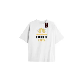 BACHELOR PARTY Unisex Oversize Yazılı Tshirt BEYAZ