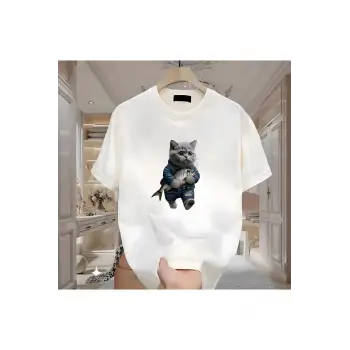 Balık Kedi Baskılı Beyaz Erkek