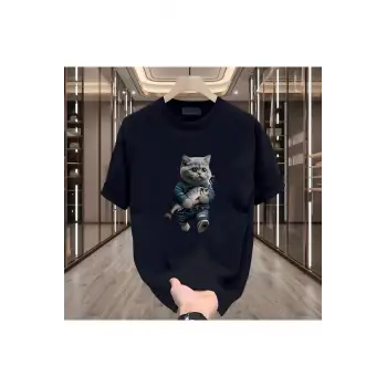 Balık Kedi Baskılı Siyah Erkek