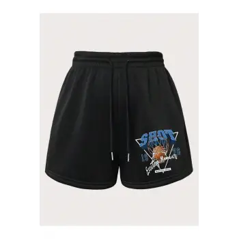 Basketball & Letter Graphic Drawstring Waist Şort