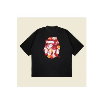 Bathing Ape Rose Baskılı Oversize Unisex Pamuklu Nefes Alan Kalın Kumaşlı