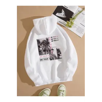 BE TRUE Renkli Oversize Kapüşonlu Sweatshirt Beyaz