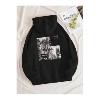BE TRUE Renkli Oversize Kapüşonlu Sweatshirt Siyah