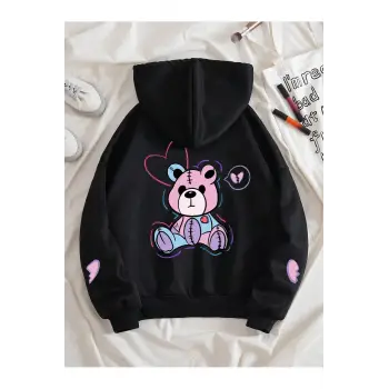 Bear And Heart Print Zip Up Lined Drawstring Hoodie Siyah