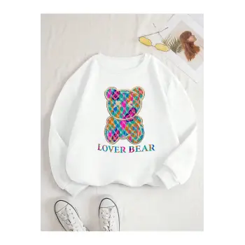 Bear & Letter Graphic Lined Sweatshirt Beyaz