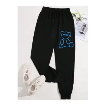 Bear Print Drawstring Waist 4 Mevsim Eşofman