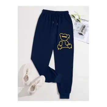 Bear Print Drawstring Waist 4 Mevsim Eşofman