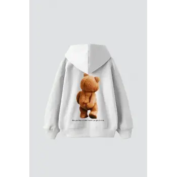 Bear Sırt Baskılı Oversize Unisex Beyaz