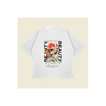 Beauty Baskılı Oversize Unisex Pamuklu Nefes Alan Kalın Kumaşlı
