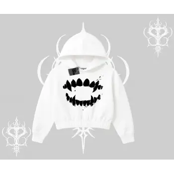 Beyaz Crop Kapşonlu Sweatshirt Vampir Dış
