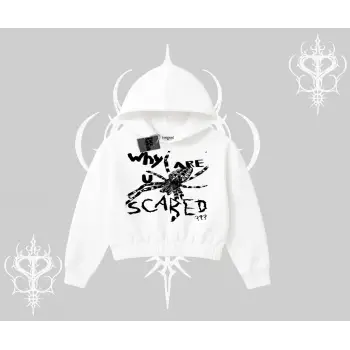 Beyaz Crop Kapşonlu Sweatshirt Why are u Scared