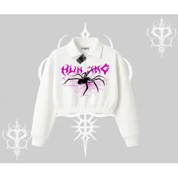 Beyaz Crop Yarım Fermuarlı Sweatshirt Autumn Spider