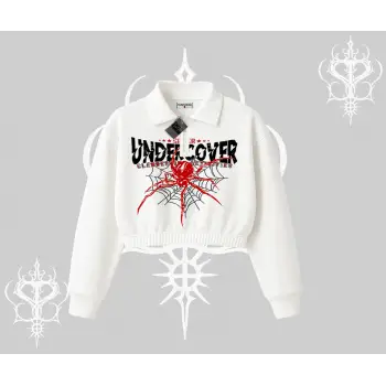 Beyaz Crop Yarım Fermuarlı Sweatshirt Spider Undercover