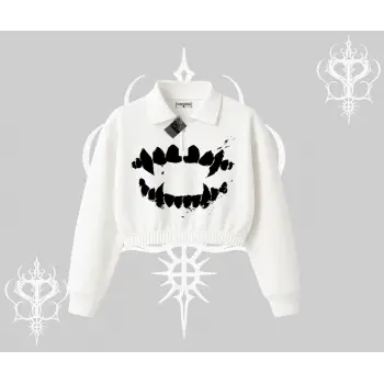 Beyaz Crop Yarım Fermuarlı Sweatshirt Vampir Dış