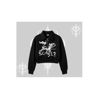 Beyaz Crop Yarım Fermuarlı Sweatshirt Why are u Scared
