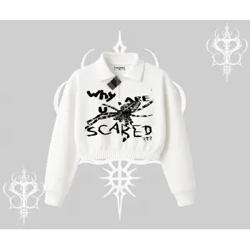 Beyaz Crop Yarım Fermuarlı Sweatshirt Why are u Scared