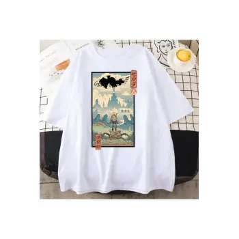 Beyaz Erkek Anime Savaççı Baskılı Oversize Bisiklet Yaka Tshirt