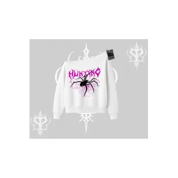 Beyaz Kayık Yaka Sweatshirt Autumn Spider