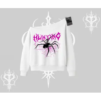 Beyaz Kayık Yaka Sweatshirt Autumn Spider