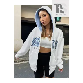 Beyaz Mavi Kapüşonlu Fermuarli Brooklyn Oversize