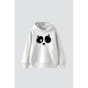 Beyaz Pand Baskılı Oversize Unisex Premium Beyaz