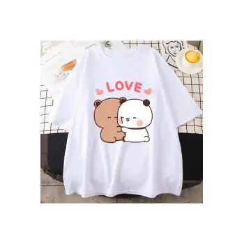 Beyaz Panda ayı aşk Bubu Dudu çift baskı yaz estetik kore Tee