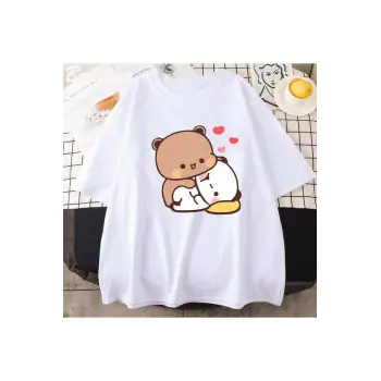 Beyaz Panda Ayı Bubu Dudu Çift Üstleri Seni Seviyorum Sevimli Baskı Yaz