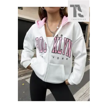 Beyaz Pembe Kapüşonlu Fermuarli Brooklyn Oversize