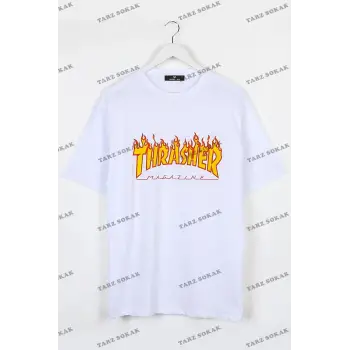 Beyaz Trasher Baskılı Unisex Ovesize
