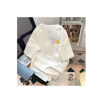 Beyaz Trendy Yaz Beş Kollu Üst Mor Çiçek Baskı Basit Çok Yönlü Bisiklet Yaka Üst Mor Çiçek G