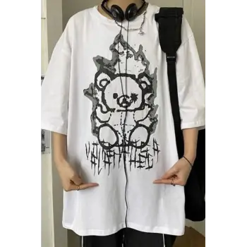 Beyaz Unisex Alev Ayı Tişört