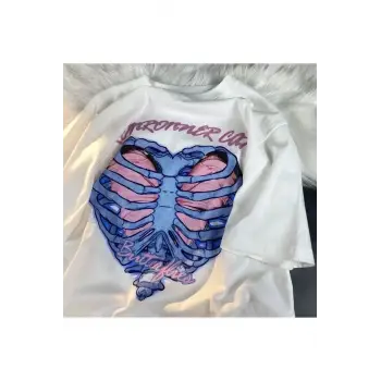 Beyaz Unisex Ronronner Cat Iskelet Tişört