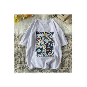 Beyaz Unisex Sırt Baskılı Doraemon Tişört