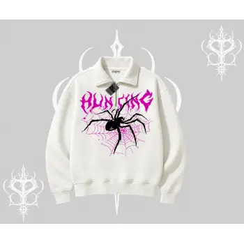 Beyaz Yarım Fermuarlı Sweatshirt Autumn Spider