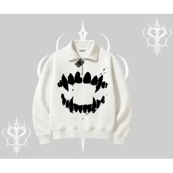 Beyaz Yarım Fermuarlı Sweatshirt Vampir Dış