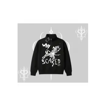 Beyaz Yarım Fermuarlı Sweatshirt Why are u Scared
