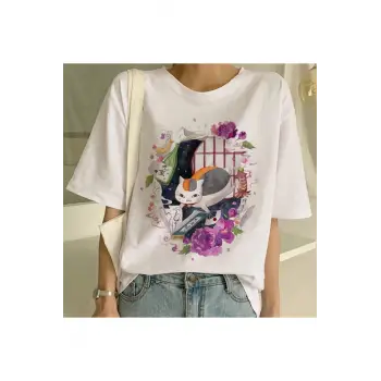 Beyaz Yeni Sevimli Kedi Komik Karikatür Baskı Tshirt Harajuku Kawaii T-shi