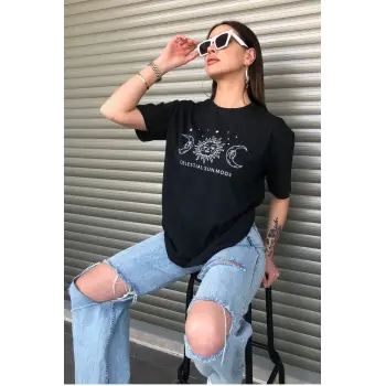 Bisiklet Yaka Siyah Ay Baskılı Oversize